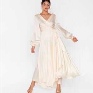 Nasty Gal Cream Satin Bridal Ivory Cowl Back Long Sleeve Wrap Maxi Dress